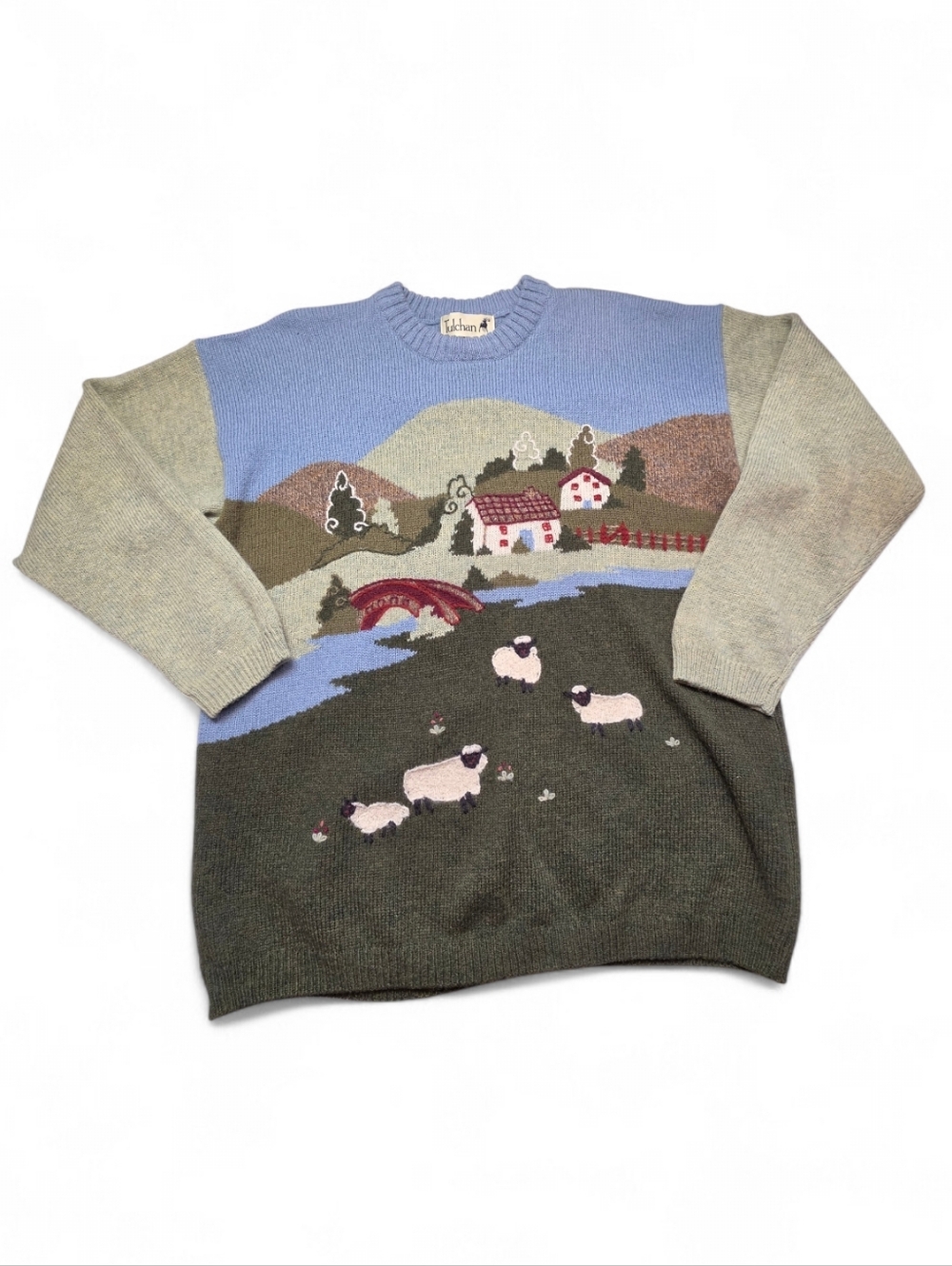 Tulchan Wool Knit Sweater in Blue & Green Sheep Cottage Vintage Crewneck